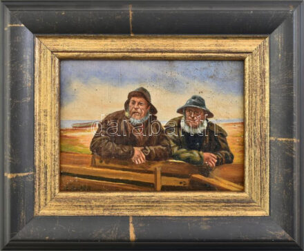 H Bechtel jelzéssel: Pihenő halászok. Olaj, vászon, falemezen. Kissé sérült. Dekoratív fakeretben. 15x20 cm