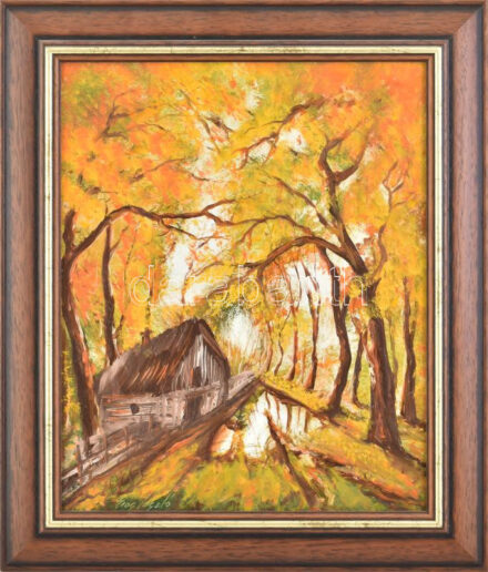 Erős László (?-): Impresszió. Olaj, farost, jelezve balra lent. Dekoratív fakeretben. 40×30 cm