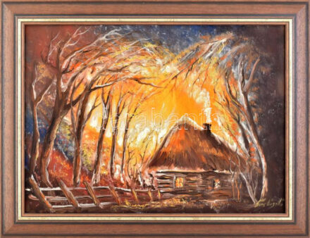 Erős László (?-): Éjjeli menedék. Olaj, vászon, jelezve jobbra lent. Dekoratív fakeretben. 40×55 cm