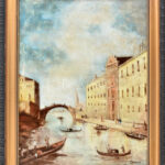 Canotti jelzéssel: Velencei gondolák. Olaj, falemez. Dekoratív fakeretben. 54×42 cm