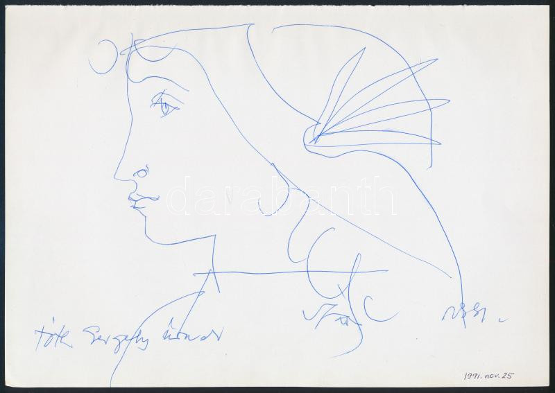 Szász Endre (1926-2003): Női portré, 1991. Toll, papír. Jelzett, autográf dedikációval, 20x28,5 cm