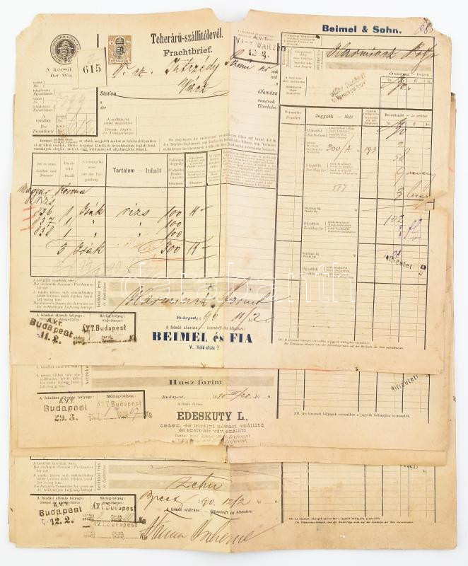 1890-1896 8 db MÁV teheráru-szállítólevél, különféle bélyegzőkkel, vegyes állapotban