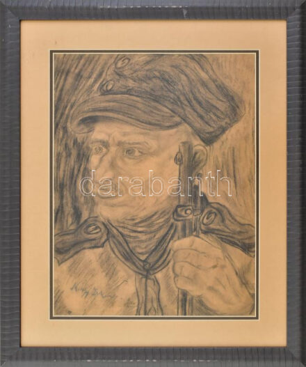 Nagy István jelzéssel: Katona. Szén, papír. Dekoratív, üvegezett fakeretben. 37,5×29 cm