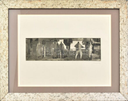 Barcsay Jenő (1900-1988): Alakok. Rézkarc, papír, jelzett, üvegezett fakeretben, 8×26,5 cm