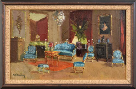 Burchard-Bélaváry István (1864-1933): Enteriőr. Olaj, karton, jelzett. Kissé sérült. Dekoratív fakeretben, 20×33 cm