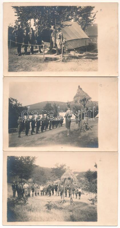 Cserkésztábor - 9 db régi eredeti fotó (főzés, fürdés, étkezés) / Scout camp - 9 pre-1945 original photos (cooking, lunch, bathing)