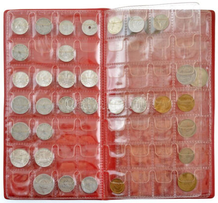 34db vegyes magyar és külföldi fémpénz fémpénz piros műbőr érmeberakó albumba rendezve T:1--3