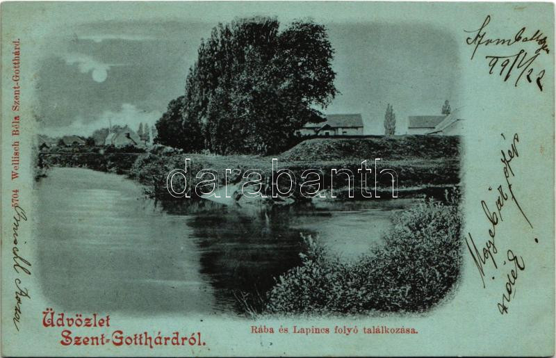 1899 (Vorläufer) Szentgotthárd, Rába ás Lapincs folyó találkozása este. Wellisch Béla kiadása