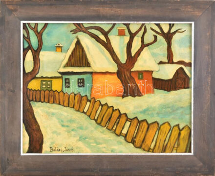 Balázs János jelzéssel: Behavazott utca. Olaj, karton. Fakeretben, 34×44 cm