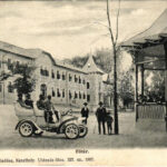 1909 Hévíz, Fő tér, zenepavilon és autó. Mérei Ignác kiadása 337. 1907. (EK) + 'ADONY-PUSZTASZABOLCS P.U.' vasúti mozgóposta