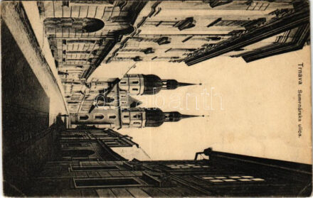 1919 Nagyszombat, Tyrnau, Trnava; Semenárska ulica / utca, templom / street view, church (EB)
