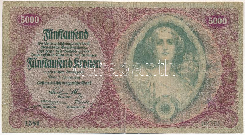 Ausztria 1922. 5000K T:III- lyukak, szakadások Austria 1922. 5000 Kronen C:VG holes, tears Krause 79