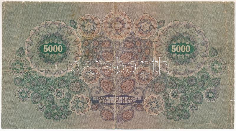 Ausztria 1922. 5000K T:III- lyukak, szakadások Austria 1922. 5000 Kronen C:VG holes, tears Krause 79 - Image 2