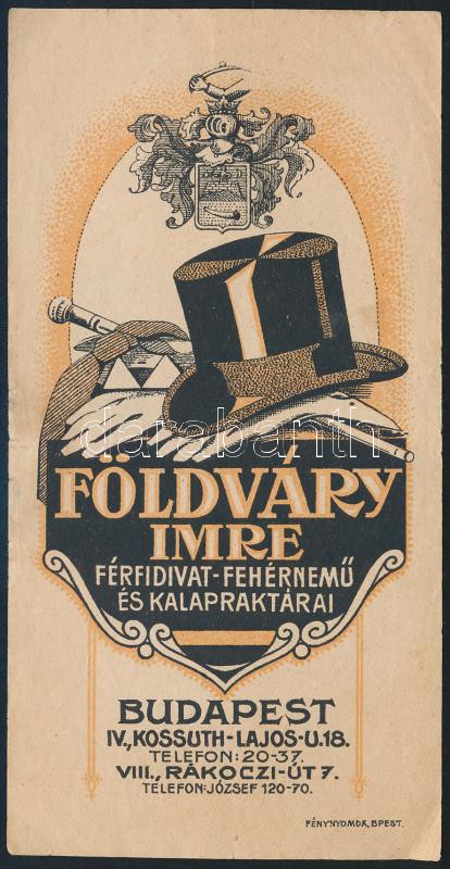 Földváry Imre férfidivat, fehérnemű és kalapraktárai (Budapest, Kossuth Lajos utca) számolócédula, hajtott