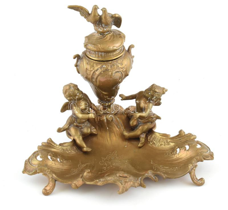 B.H.S. jelzéssel: Puttós, madaras tintatartó, öntött bronz, szép állapotban, m: 18 cm