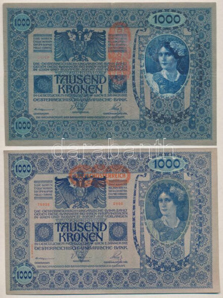 Ausztria 1919 (1902) 1000K mindkét oldal német, '1766 21717', piros függőleges 'DEUTSCHÖSTERREICH' felülbélyegzéssel + 1000K rajzos hátlap, '2666 75938', piros vízszintes 'DEUTSCHÖSTERREICH' felülbélyegzéssel T:III,I- Austria 1902.