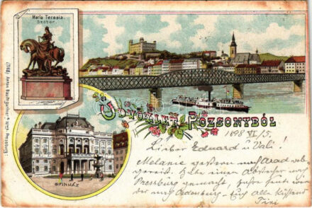 1898 (Vorläufer) Pozsony, Pressburg, Bratislava; Mária Terézia szobor, látkép, híd, vár, színház. Anton Baumgartner kiadása / statue, monument, general view, castle, bridge, theatre. Art Nouveau, floral, litho (vágott / cut)