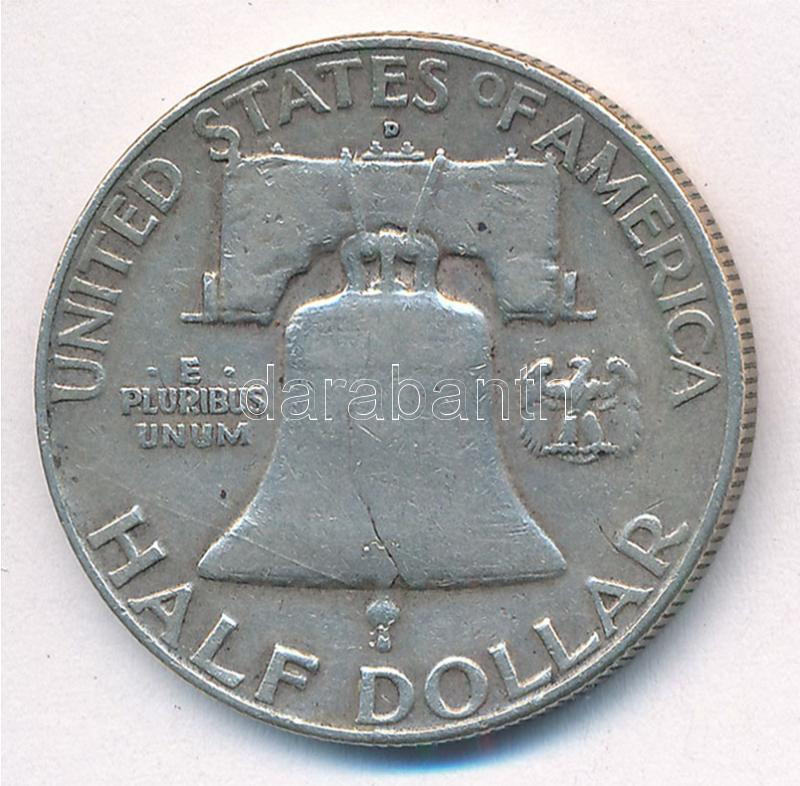 Amerikai Egyesült Államok 1958D 1/2$ Ag 'Franklin' T:2- USA 1958D 1/2 Dollar Ag 'Franklin' C:VF Krause KM#199 - Image 2