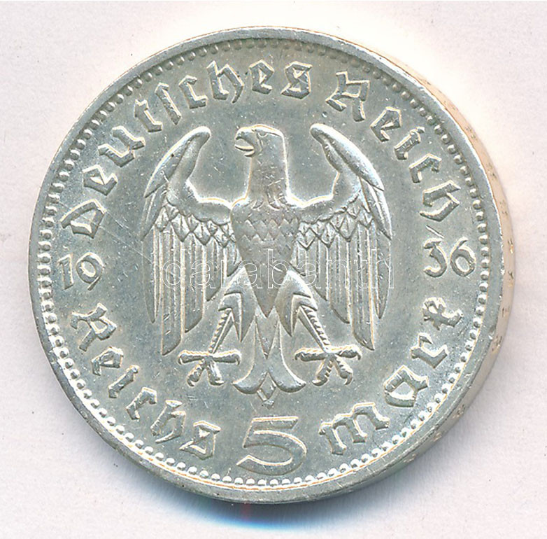 Német Harmadik Birodalom 1936G 5M Ag 'Hindenburg' T:1- German Third Reich 1936G 5 Mark Ag 'Hindenburg' C:AU Krause KM#86 - Image 2