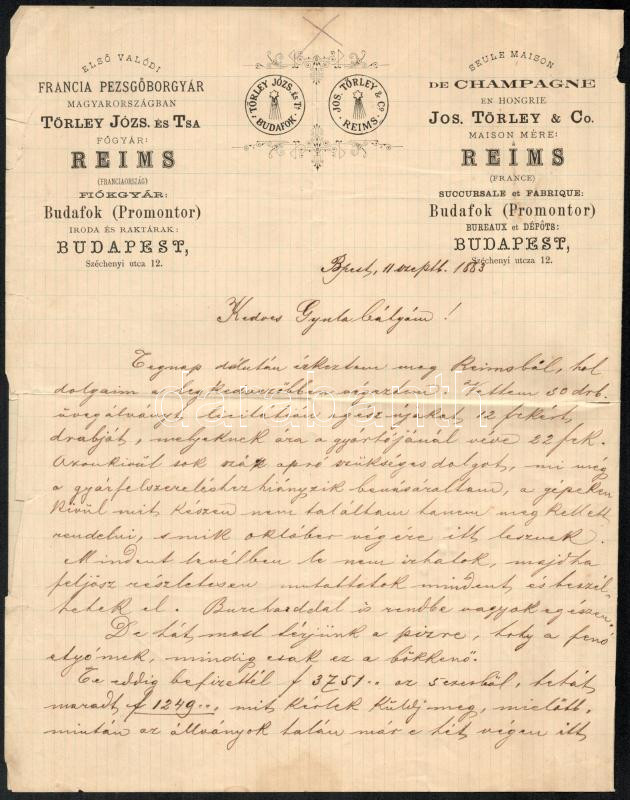 1883 Törley pezsgőgyár fejléces számla