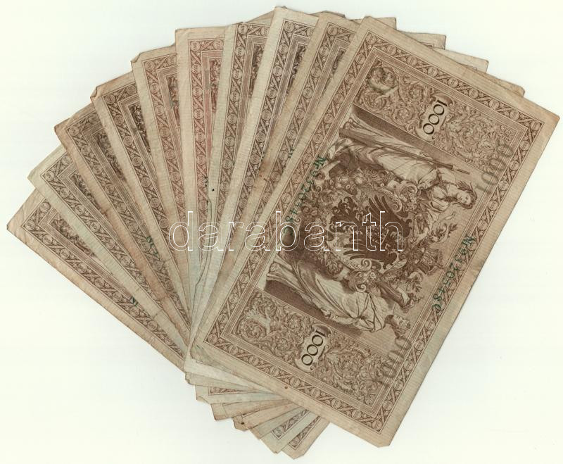 Német Birodalom 1910. 1000M (10x) zöld pecsét, hétjegyű sorszámmal T:III German Empire 1910. 1000 Mark (10x) with green seal, 7 digit serial C:F Krause#45b - Image 2