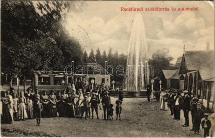 1912 Ránkfüred, Rank-Herlány, Ránkherlány, Rank Herlein, Herlany (Kassa, Kosice, Kaschau); Szökő forrás és automobil busz. Alexander Lipót kiadása / fountain, autobus (EK)
