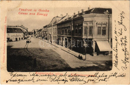 Eszék, Essegg, Osijek; Kapucinska ulica, Kavana Corso / Kapuzinergasse / utca, Corso kávéház, villamos. Ottokar Rechnitzer / street, cafe, tram (Rb)