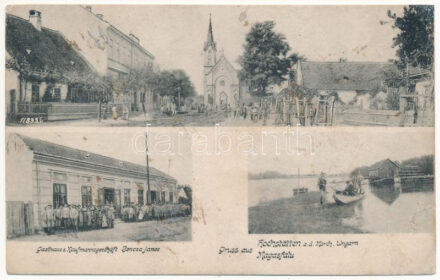 1918 Nagymagasfalu, Magasfalu, Hochstätten, Hochstetten, Hochstetno, Vysoká pri Morave; Fő tér, templom, úszó hajómalom, Bencza János vendéglője és üzlete / main square, church, floating ship (boat) mill, restaurant and shop (r)