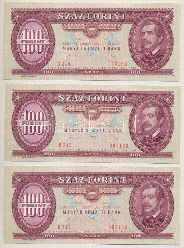 1989. 100Ft (3x) sorszámkövetők 'B 245 003161 - B 245 0031613' T:II Adamo F36