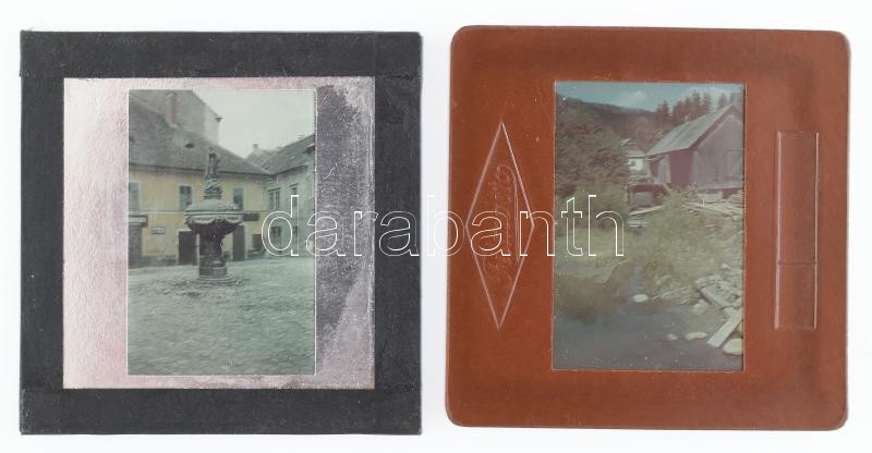 1937, 1942 Sopron, Orsolya tér, Mária-kút + Tusnád, vízimalom, 2 db diapozitív, 2,5×3,5 cm / fountain + watermill, 2 slide positives