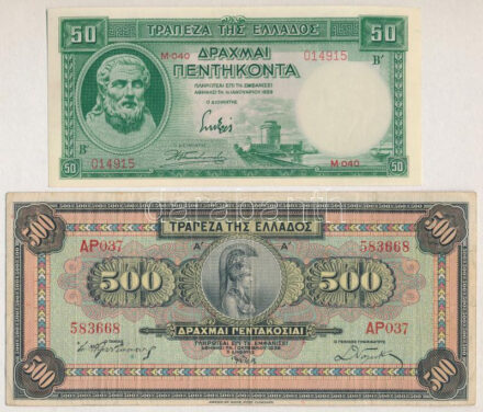 Görögország 1932. 500D + 1939. 50D T:III,I- szakadás Greece 1932. 500 Drachmai + 1939. 50 Drachmai C:F,AU tear