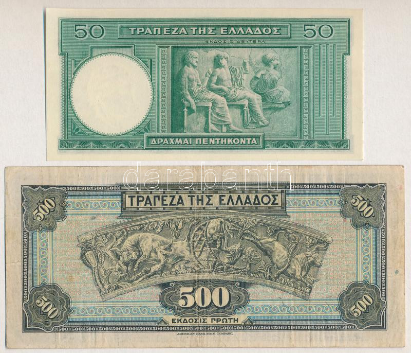 Görögország 1932. 500D + 1939. 50D T:III,I- szakadás Greece 1932. 500 Drachmai + 1939. 50 Drachmai C:F,AU tear - Image 2