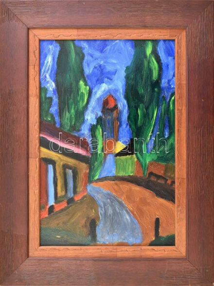 Olvashatatlan jelzéssel: Kanyargó utca. Olaj, farost. Dekoratív fakeretben. 30x20 cm