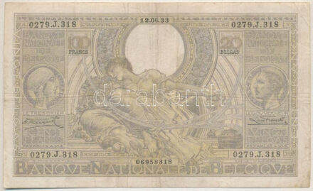 Belgium 1933.06.12. 100Fr/20B T:III Belgium 1933.06.12. 100 Francs / 20 Belgas C:F Krause P#107