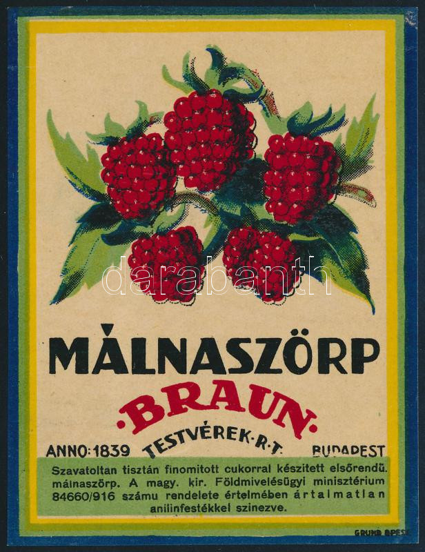 Braun Testvérek Rt. Málnaszörp címke