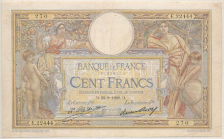 Franciaország 1928. 100Fr T:III tűlyukak France 1928. 100 Francs C:F pin holes Krause P#78.b