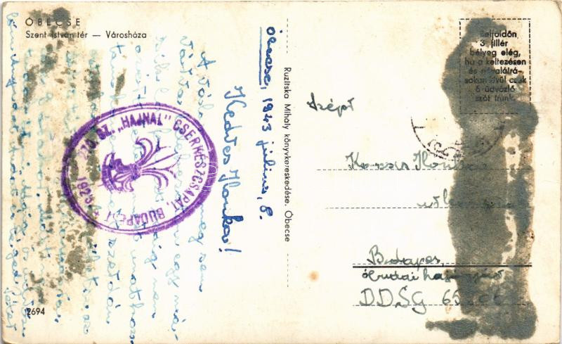1943 Óbecse, Stari Becej; Szent István tér, Városháza, Janek Testvérek, Hubert Izidor üzlete, autóbusz, automobil, kerékpár. Ruzitska Mihály kiadása / square, town hall, shops, automobile, bicycle + '270. sz. 'Hajnal' Cserkészcsapat - Image 2