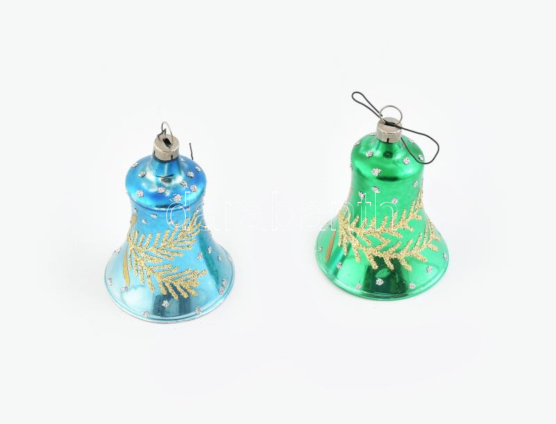2db régi üveg csengő, karácsonyfa dísz, kék és zöld, kb. 8cm