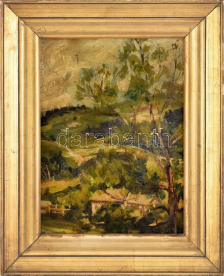 Olvashatatlan (MS?) jelzéssel: Dombos táj. Olaj, karton. Dekoratív fakeretben. 32x23 cm
