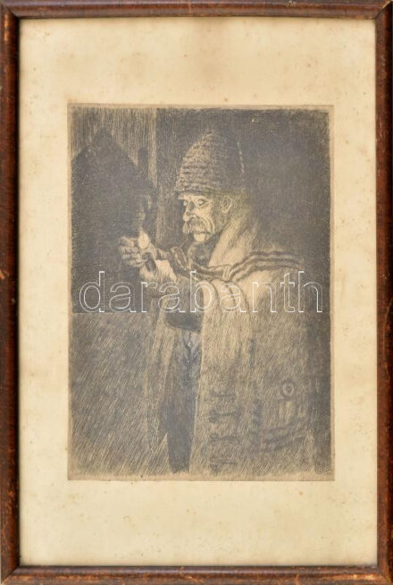 Jelzés nélkül: Pipázó juhász, rézkarc, papír, foltos, üvegezett fakeretben, 23x18 cm