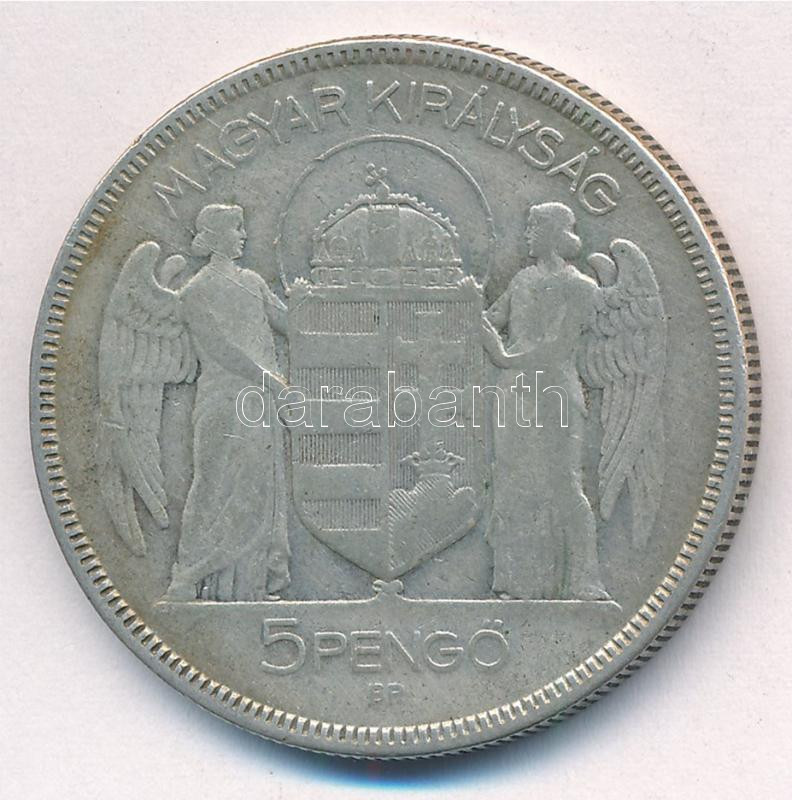 1930. 5P Ag 'Horthy jobbra' T:3 patina Adamo P8 - Image 2