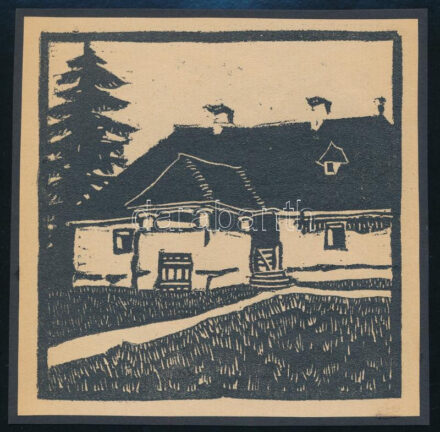 Kós Károly (1883-1977): Ház. Linómetszet, papír, jelzés nélkül, kartonra kasírozva, 11x11 cm