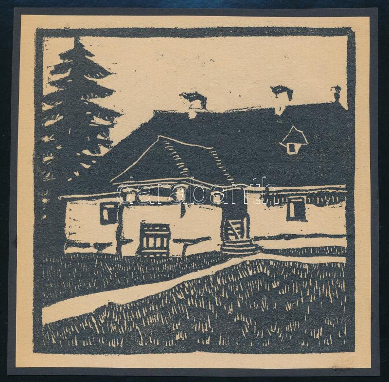 Kós Károly (1883-1977): Ház. Linómetszet, papír, jelzés nélkül, kartonra kasírozva, 11x11 cm