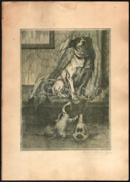 Zágonyi Szabó Lajos (?-): Kutya kölykeivel. Rézkarc, papír, jelzett, foltos, 23x18 cm