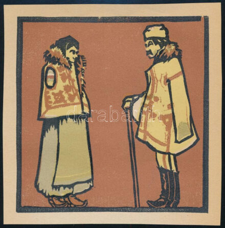 Kós Károly (1883-1977): Torockói magyar népviselet. Színes linómetszet, papír, jelzés nélkül,10x10 cm