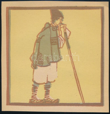 Kós Károly (1883-1977): Román népviselet. Színes linómetszet, papír, jelzés nélkül, 10x10 cm