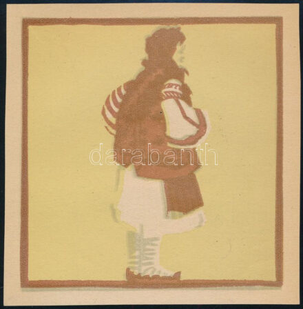 Kós Károly (1883-1977): Bocskoros. Színes linómetszet, papír, jelzés nélkül, 10x10 cm