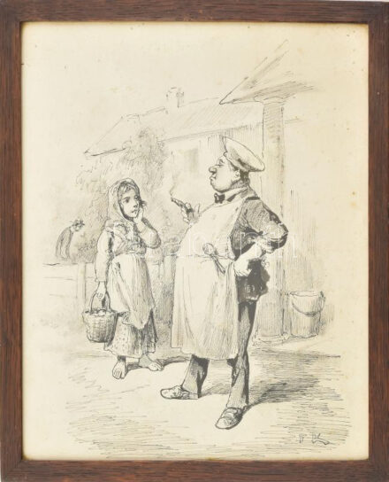 FK jelzéssel, XX. sz. eleje: Szivarozó (karikatúraszerű rajz). Tus, papír, üvegezett fakeretben. 28x24 cm