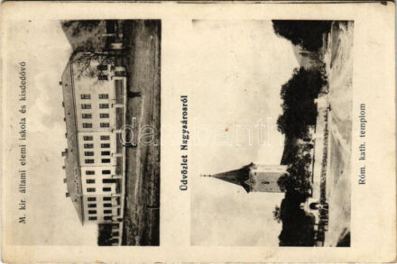 1919 Nagysáros, Velky Saris; M. kir. állami elemi iskola és kisdedóvó, Római katolikus templom. Bányász István kiadása / school, kindergarten, church + '32. sz. Vörös tüzér ezred 4. üteg' (gyűrődés / crease)