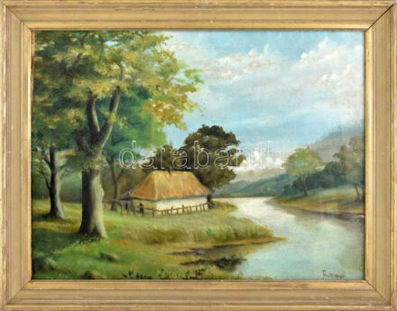 Olvashatatlan jelzéssel: Vízparti táj. Olaj, karton. Dekoratív, üvegezett, kissé sérült fakeretben. 44x59 cm